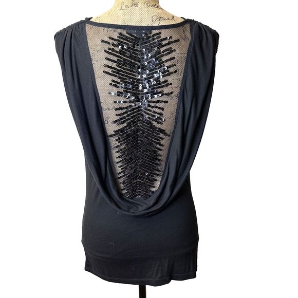 Leo Guy Black Cowl Neck Sleeveless Sequined Draped Back Party Top Blouse Sz 6/8 - Picture 4 of 12